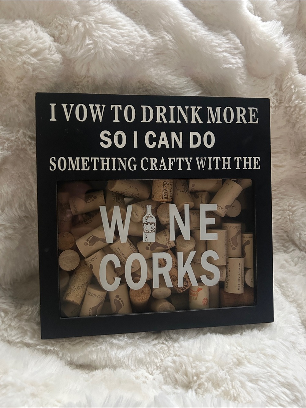 Hobby Lobby Black and White Wine Cork Shadow Box Sign with corks